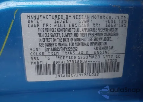 2021 Nissan Sentra Sv Xtronic Cvt z USA, uszkodzony, nr VIN 3N1AB8CV3MY226052